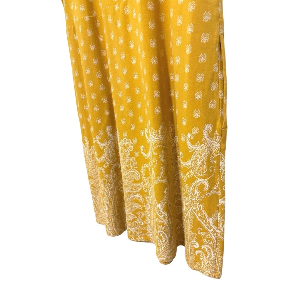 J.Jill Women’s Mustard Yellow Paisley Border Print Knit Dress L Pockets Stretch - Picture 8 of 11